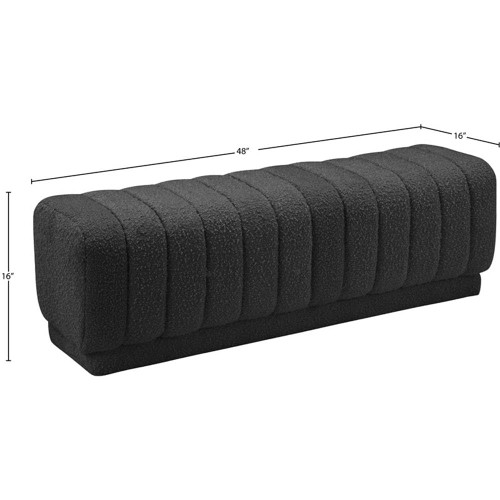 Ottoman/Bench with Rich Black Boucle Fabric and Deep Channel Tufting, 52" W x 16" D x 16" H, Black