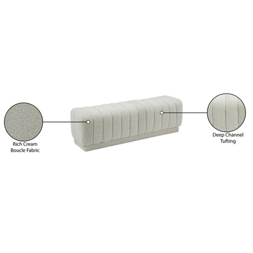 Ottoman/Bench with Rich Cream Boucle Fabric and Deep Channel Tufting, 52" W x 16" D x 16" H, Cream
