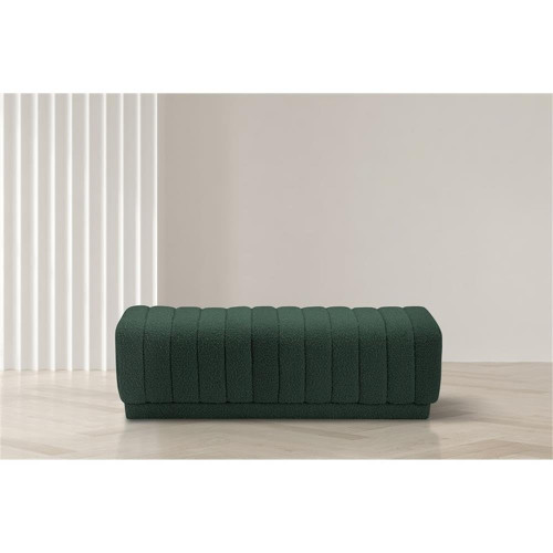 Ottoman/Bench with Rich Green Boucle Fabric and Deep Channel Tufting, 52" W x 16" D x 16" H, Green