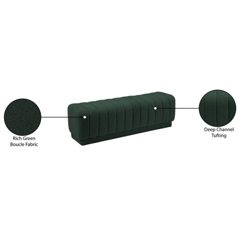 Ottoman/Bench with Rich Green Boucle Fabric and Deep Channel Tufting, 52" W x 16" D x 16" H, Green