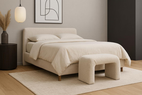 Boucle Fabric Upholstered Bench with Rich Cream Boucle Fabric, Curved Contemporary Design, 28" W x 15.5" D x 17.5" H, Cream