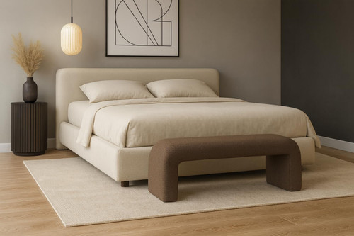 Boucle Fabric Upholstered Bench with Rich Brown Boucle Fabric, Curved Contemporary Design, 52" W x 15.5" D x 17.5" H, Brown