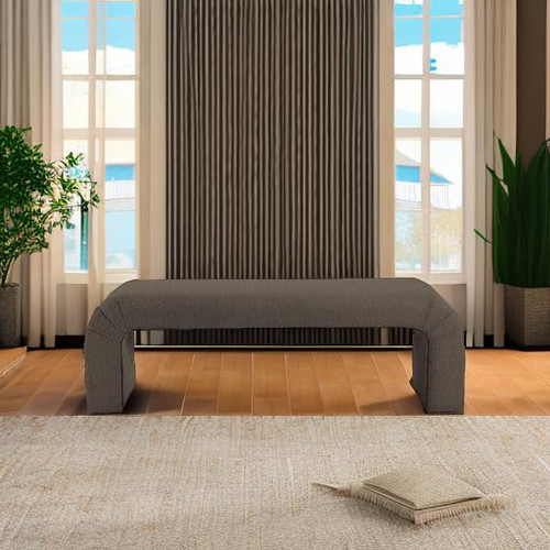Boucle Fabric Upholstered Bench with Rich Brown Boucle Fabric, Curved Contemporary Design, 52" W x 15.5" D x 17.5" H, Brown