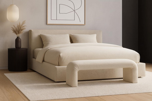 Boucle Fabric Upholstered Bench with Rich Cream Boucle Fabric, Curved Contemporary Design, 52" W x 15.5" D x 17.5" H, Cream