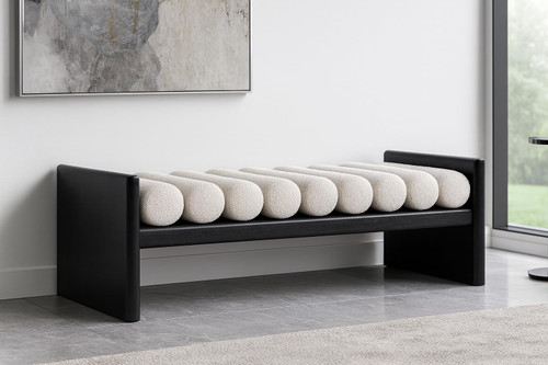 Bench with Solid Wood Rich Black Finish, Luxurious Cream Boucle Fabric, 52" W x 19" D x 18" H, Cream