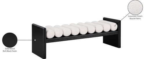 Bench with Solid Wood Rich Black Finish, Luxurious Cream Boucle Fabric, 52" W x 19" D x 18" H, Cream