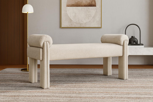 Upholstered Bench with Soft Beige Fabric, Rounded Pillow Arms, 55" W x 19.5" D x 23.5" H, Beige