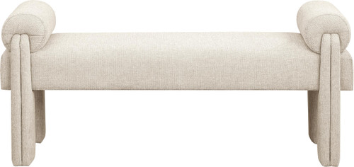 Upholstered Bench with Soft Beige Fabric, Rounded Pillow Arms, 55" W x 19.5" D x 23.5" H, Beige