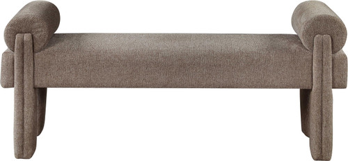 Upholstered Bench with Soft Brown Fabric, Rounded Pillow Arms, 55" W x 19.5" D x 23.5" H, Brown
