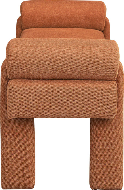 Upholstered Bench with Soft Cognac Fabric, Rounded Pillow Arms, 55" W x 19.5" D x 23.5" H, Cognac