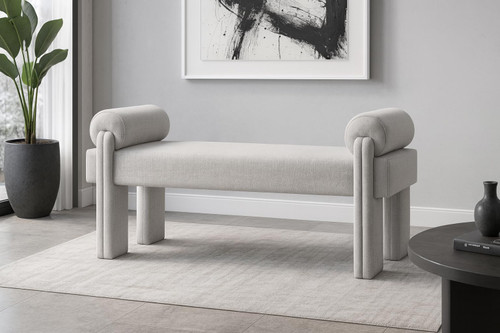 Upholstered Bench with Soft Grey Fabric, Rounded Pillow Arms, 55" W x 19.5" D x 23.5" H, Grey