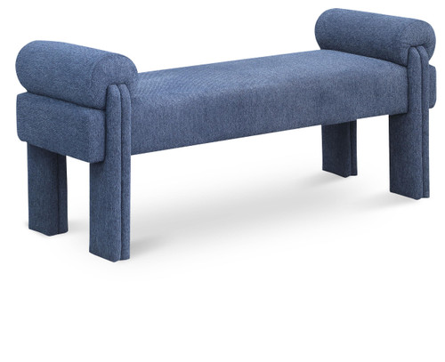 Upholstered Bench with Soft Navy Fabric, Rounded Pillow Arms, 55" W x 19.5" D x 23.5" H, Navy