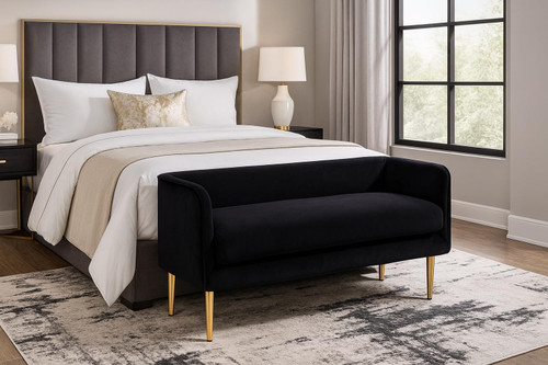 Velvet Upholstered Bench with Sturdy Metal Legs in Gold Finish, 52" W x 19" D x 24" H, Black