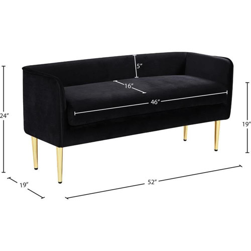 Velvet Upholstered Bench with Sturdy Metal Legs in Gold Finish, 52" W x 19" D x 24" H, Black