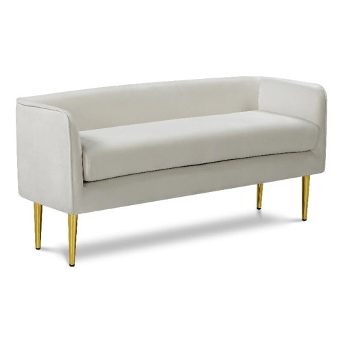 Velvet Upholstered Bench with Sturdy Metal Legs in Gold Finish, 52" W x 19" D x 24" H, Cream