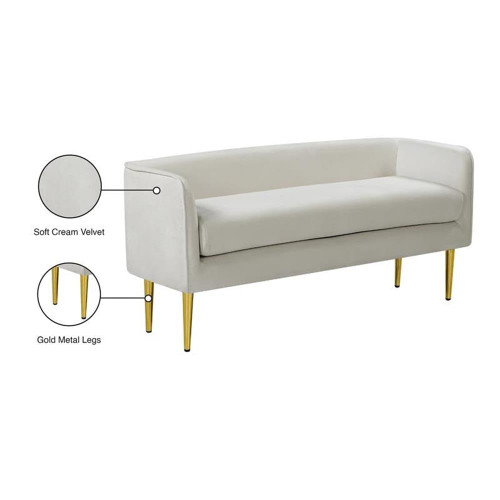 Velvet Upholstered Bench with Sturdy Metal Legs in Gold Finish, 52" W x 19" D x 24" H, Cream
