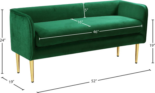 Velvet Upholstered Bench with Sturdy Metal Legs in Gold Finish, 52" W x 19" D x 24" H, Green
