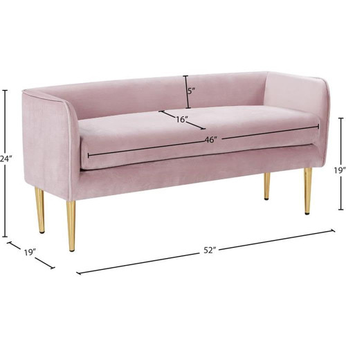 Velvet Upholstered Bench with Sturdy Metal Legs in Gold Finish, 52" W x 19" D x 24" H, Pink