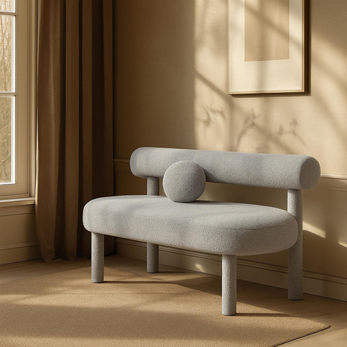 Boucle Fabric Upholstered Bench with Rich Grey Boucle Fabric, Solid Wood Frame, 59" W x 26" D x 28.5" H, Grey