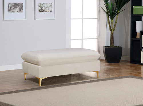 Velvet Upholstered Ottoman/Bench with Rich Gold or Chrome Legs, 48" W x 22" D x 19" H, Cream
