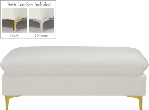 Velvet Upholstered Ottoman/Bench with Rich Gold or Chrome Legs, 48" W x 22" D x 19" H, Cream