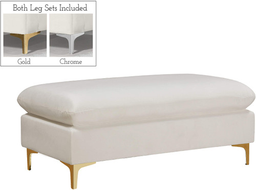 Velvet Upholstered Ottoman/Bench with Rich Gold or Chrome Legs, 48" W x 22" D x 19" H, Cream