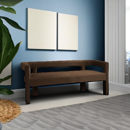 Velvet Upholstered Bench with Soft Brown Velvet, 66.5" W x 21" D x 27" H, Brown