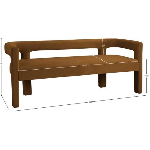 Velvet Upholstered Bench with Soft Saddle Colored Velvet, 66.5" W x 21" D x 27" H, Saddle