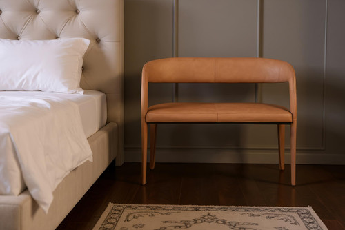 Vegan Leather Upholstered Bench with Rounded Back, 51.5" W x 22" D x 31" H, Cognac