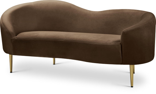 Upholstered Loveseat with Rich Brown Velvet, Gold Metal Legs, Curved Contemporary Design, 67" W x 31.75" D x 30.5" H, Brown