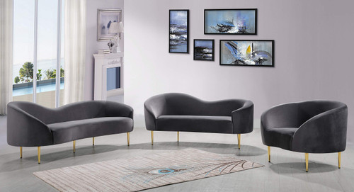 Velvet Upholstered Loveseat with Sturdy Metal Legs in Rich Gold Finish, Grey, 67" W x 31.75" D x 30.5" H