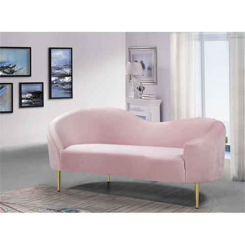 Velvet Upholstered Loveseat with Sturdy Metal Legs in Rich Gold Finish, Pink, 67" W x 31.75" D x 30.5" H