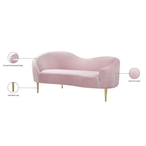 Velvet Upholstered Loveseat with Sturdy Metal Legs in Rich Gold Finish, Pink, 67" W x 31.75" D x 30.5" H