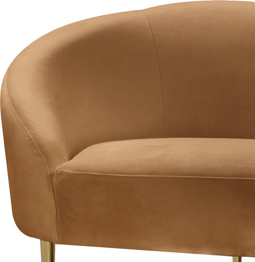 Upholstered Loveseat with Rich Saddle Velvet, Gold Metal Legs, Curved Contemporary Design, 67" W x 31.75" D x 30.5" H, Saddle
