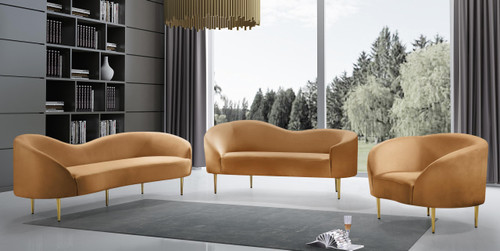 Upholstered Loveseat with Rich Saddle Velvet, Gold Metal Legs, Curved Contemporary Design, 67" W x 31.75" D x 30.5" H, Saddle