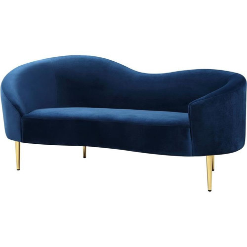 Velvet Upholstered Loveseat with Sturdy Metal Legs in Rich Gold Finish, Navy, 67" W x 31.75" D x 30.5" H