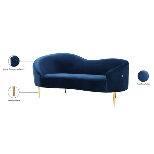 Velvet Upholstered Loveseat with Sturdy Metal Legs in Rich Gold Finish, Navy, 67" W x 31.75" D x 30.5" H