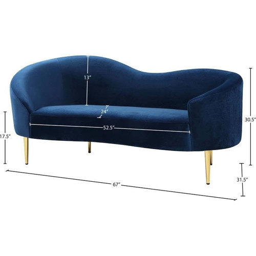 Velvet Upholstered Loveseat with Sturdy Metal Legs in Rich Gold Finish, Navy, 67" W x 31.75" D x 30.5" H