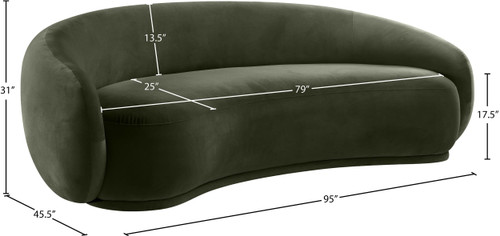 Sofa with Ultra Luxe Green 460 GSM Velvet, Solid Eucalyptus Wood Inner Frame, 95" W x 45.5" D x 31" H, Green