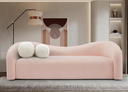Sofa with Soft Pink Faux Shearling Teddy Fabric, Curved Back, 86" W x 33" D x 27" H, Pink