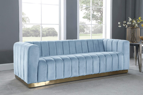 Velvet Upholstered Sofa with Deep Channlel Tufting and Brushed Gold Finish, Sky Blue, 86.5" W x 34" D x 28" H