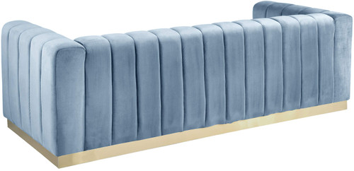 Velvet Upholstered Sofa with Deep Channlel Tufting and Brushed Gold Finish, Sky Blue, 86.5" W x 34" D x 28" H