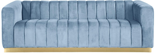 Velvet Upholstered Sofa with Deep Channlel Tufting and Brushed Gold Finish, Sky Blue, 86.5" W x 34" D x 28" H