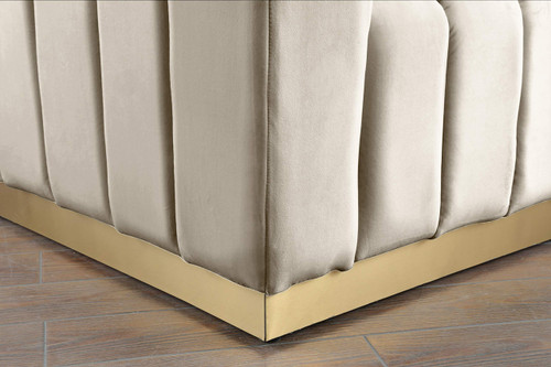 Velvet Upholstered Sofa with Deep Channel Tufting, Stainless Steel Base in a Brushed Gold Finish, Cream, 86.5" W x 34" D x 28" H
