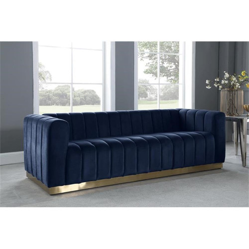 Velvet Upholstered Sofa with Deep Channel Tufting, Stainless Steel Base in a Brushed Gold Finish, Navy, 86.5" W x 34" D x 28" H