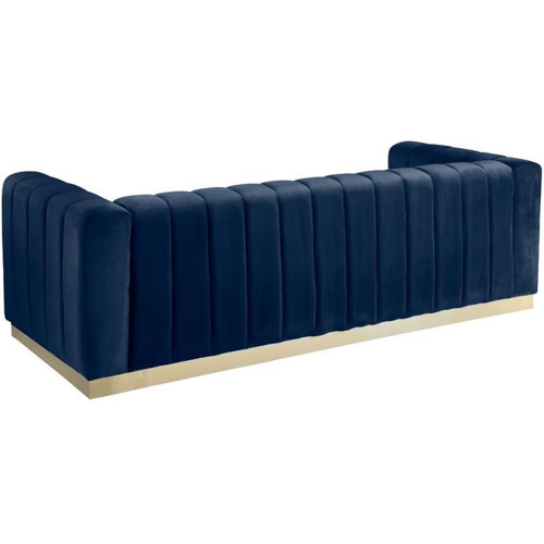 Velvet Upholstered Sofa with Deep Channel Tufting, Stainless Steel Base in a Brushed Gold Finish, Navy, 86.5" W x 34" D x 28" H