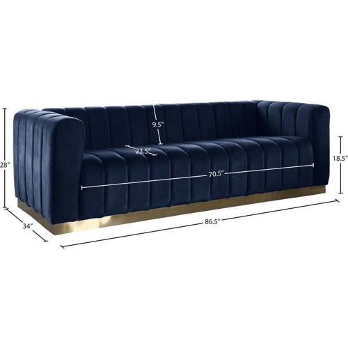 Velvet Upholstered Sofa with Deep Channel Tufting, Stainless Steel Base in a Brushed Gold Finish, Navy, 86.5" W x 34" D x 28" H