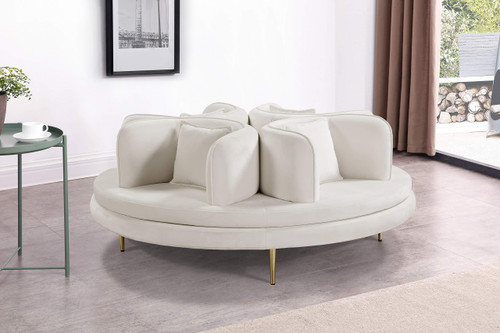 Velvet Upholstered Roundabout Sofa with Sturdy Gold Iron Legs, Cream, 72" W x 72" D x 29" H