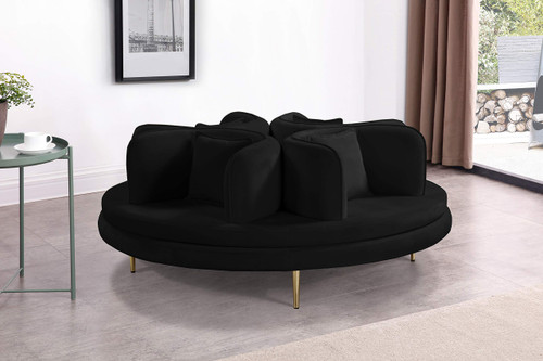 Velvet Upholstered Roundabout Sofa with Sturdy Gold Iron Legs, Black, 72" W x 72" D x 29" H