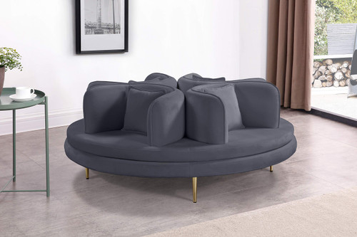 Velvet Upholstered Roundabout Sofa with Sturdy Gold Iron Legs, Grey, 72" W x 72" D x 29" H
